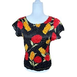Dorman Womens Red Yellow Floral Popcorn Crinkle Top One Size Black Short Sleeve